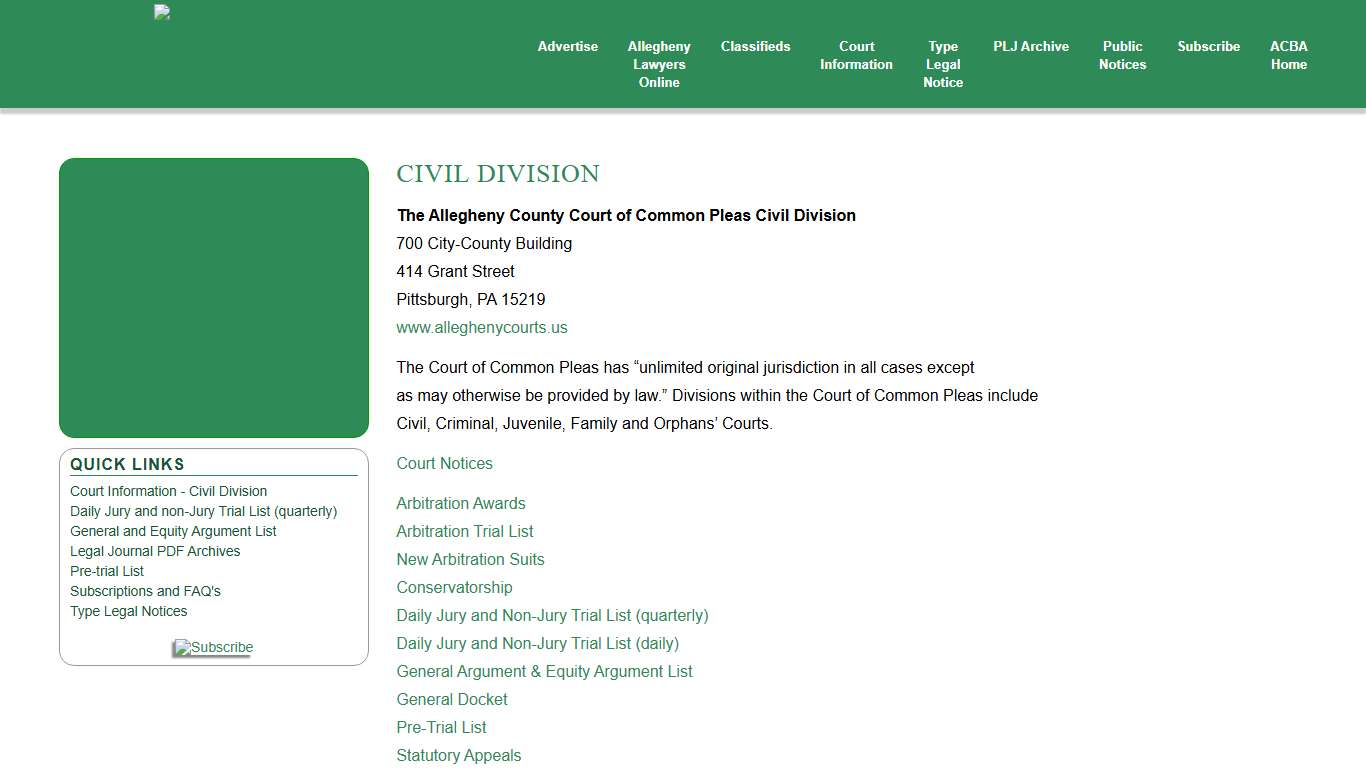 Civil Division Court Information - Pittsburgh Legal Journal