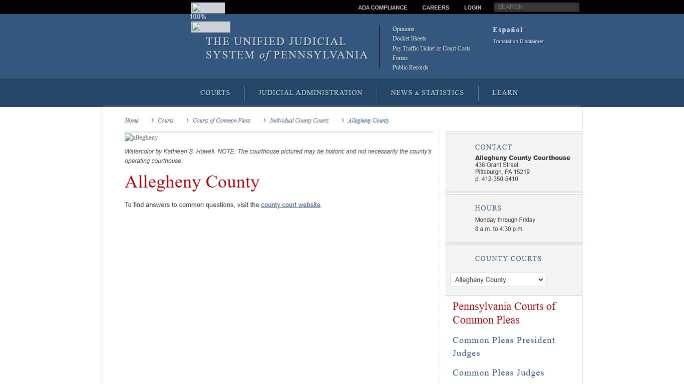 Allegheny County Individual County Courts Courts of Common Pleas Courts Unified Judicial System of Pennsylvania
